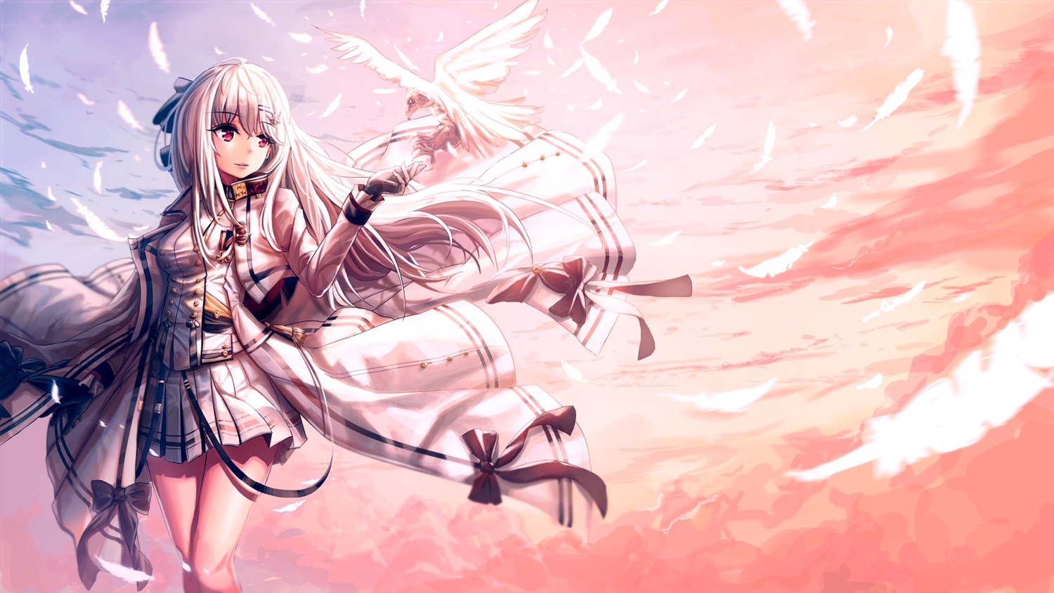animal, anthropomorphism, bird, bow, clouds, feathers, girls_frontline, gloves