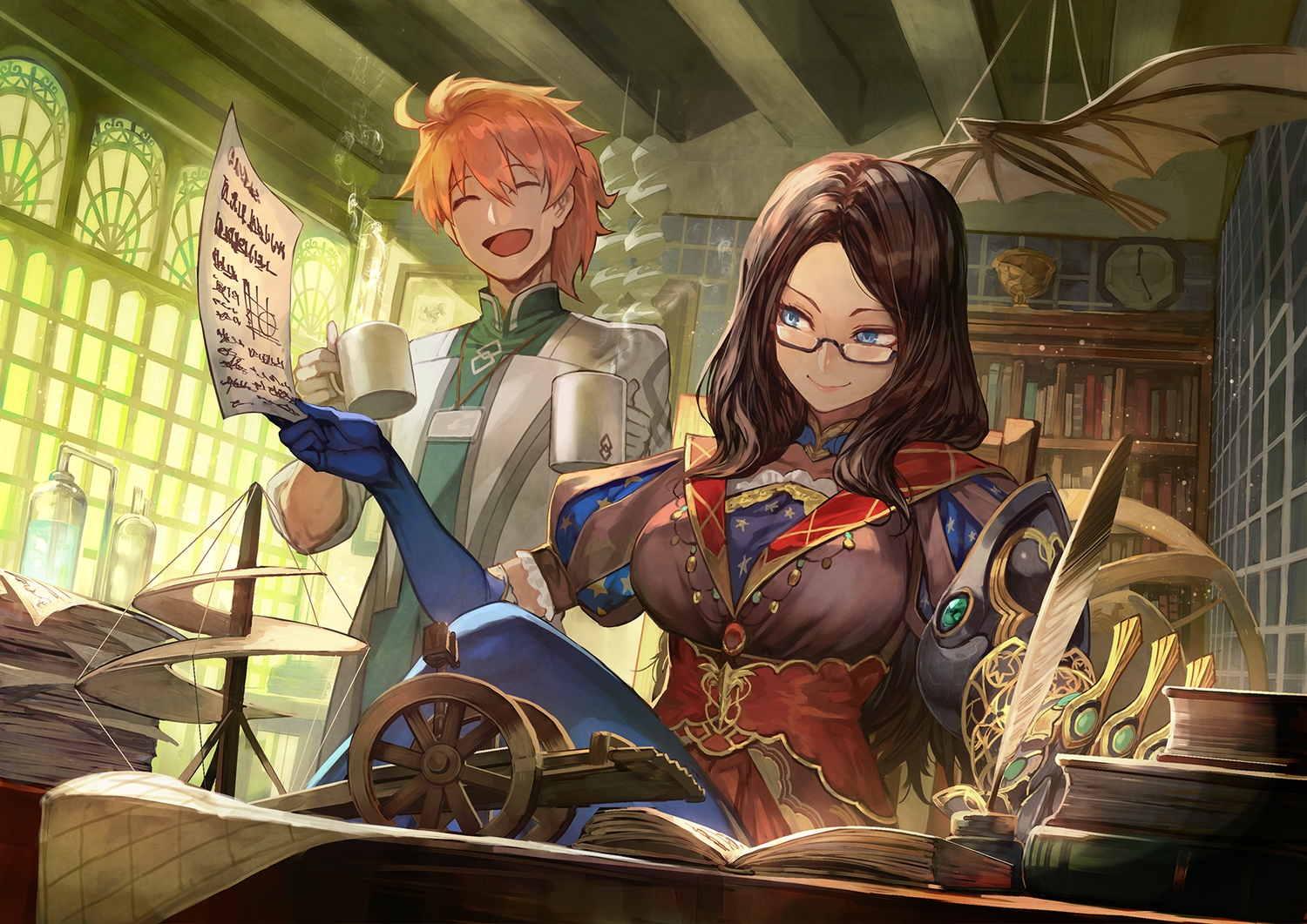 blue_eyes, book, brown_hair, drink, fate/grand_order, fate_(series), feathers, glasses