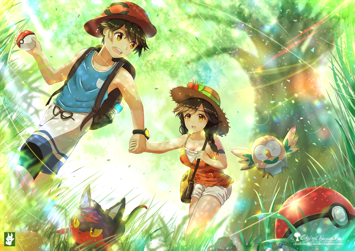 animal, ball, braids, brown_hair, chinchongcha, grass, green, hat