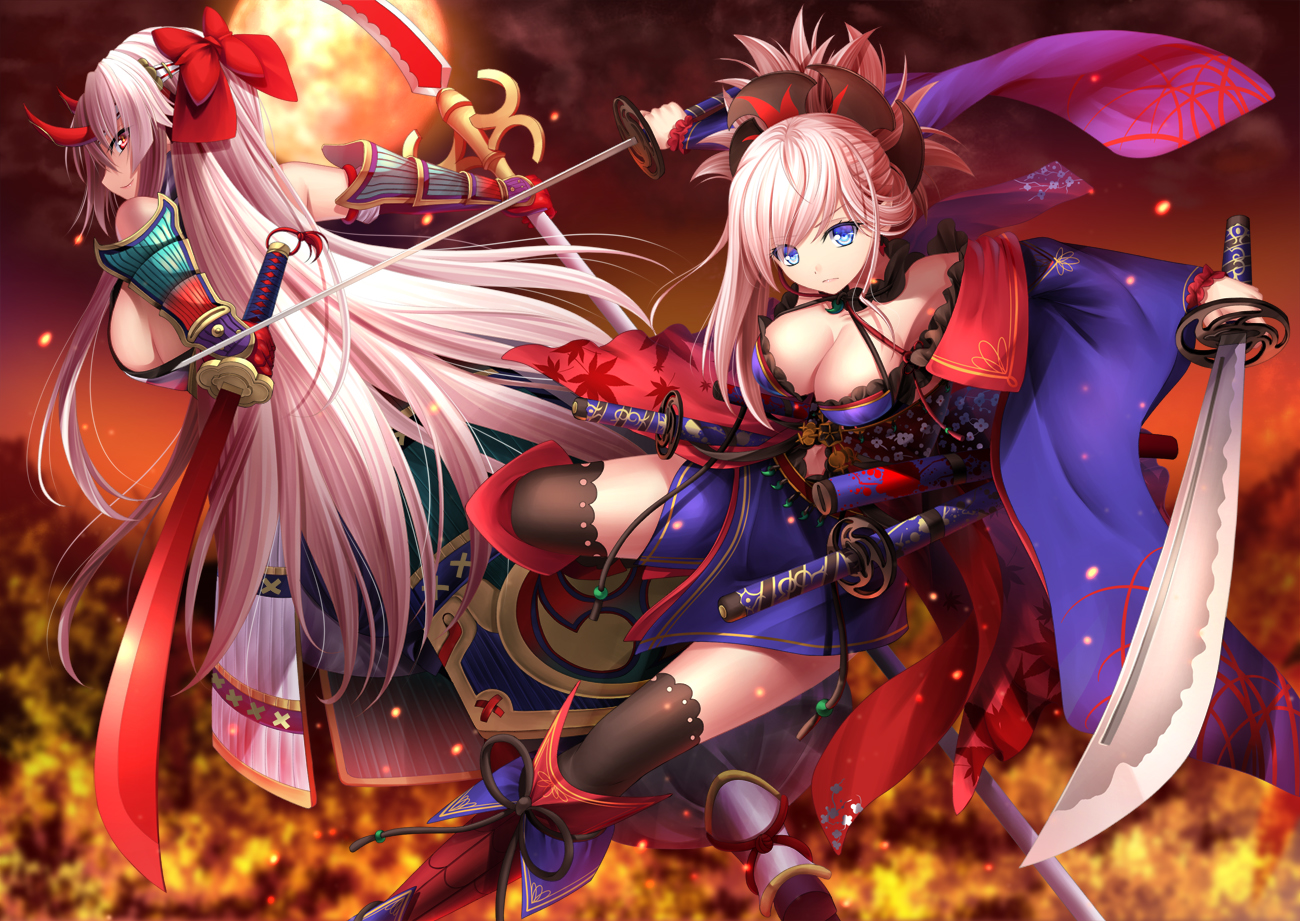 2girls, blue_eyes, boots, bow, breasts, cleavage, fate/grand_order, fate_(series), horns, long_hair, miyamoto_musashi_(fate/grand_order), moon, pink_hair, red_eyes, samurai, sideboob, sword, thighhighs, tomoe_gozen, toshi_(1-147), weapon