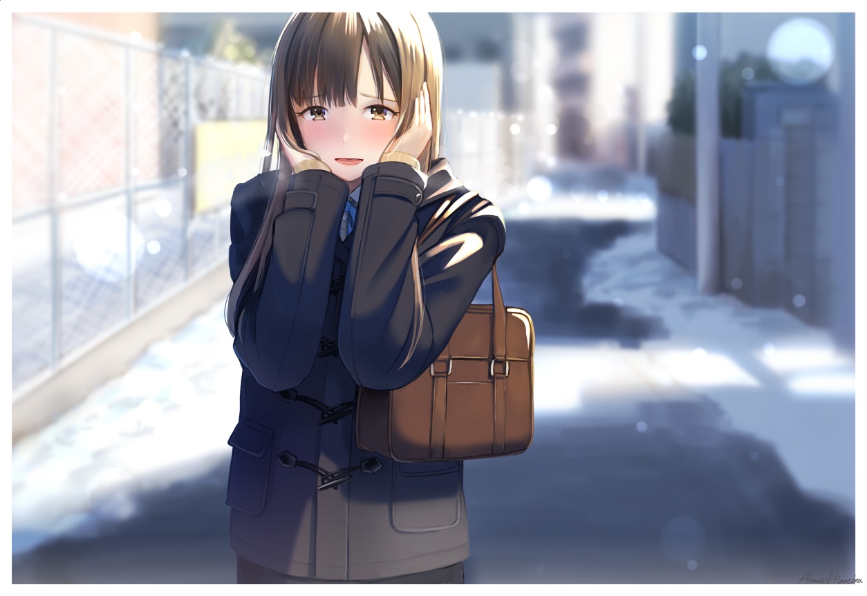 blush, brown_eyes, brown_hair, hinoshita_akame, idolmaster, idolmaster_cinderella_girls, long_hair, mizumoto_yukari, signed, snow, winter