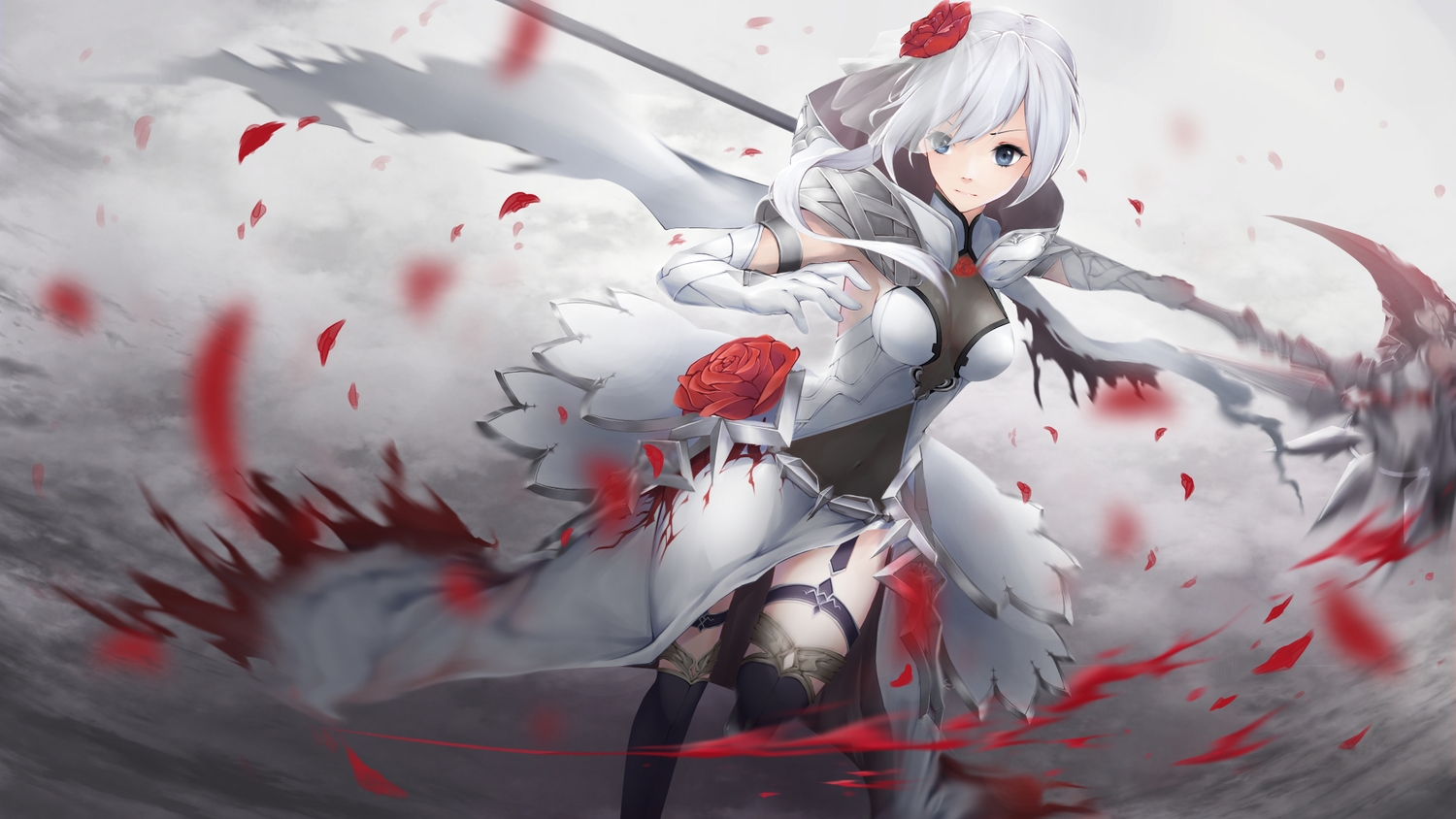 blood, blue_eyes, cape, elbow_gloves, flowers, gloves, long_hair, ponytail