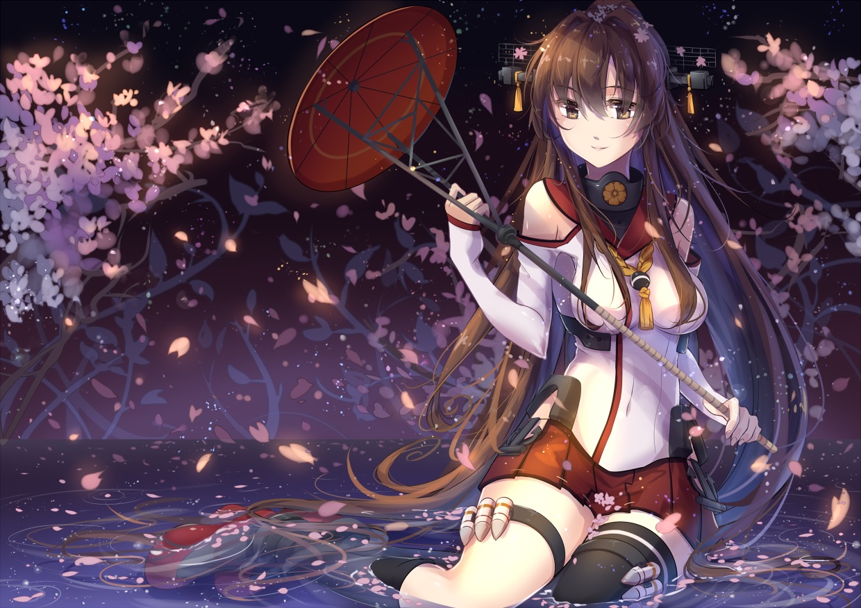 anthropomorphism, brown_eyes, brown_hair, cherry_blossoms, flowers, kantai_collection, katee, long_hair