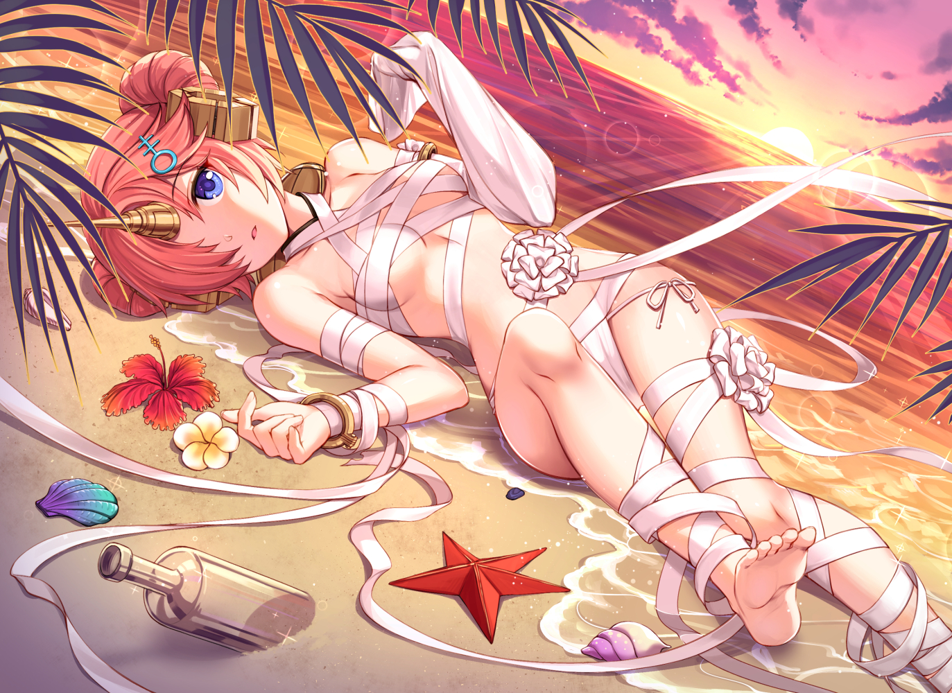 bandage, barefoot, beach, blue_eyes, breasts, clouds, fate/grand_order, fate_(series)