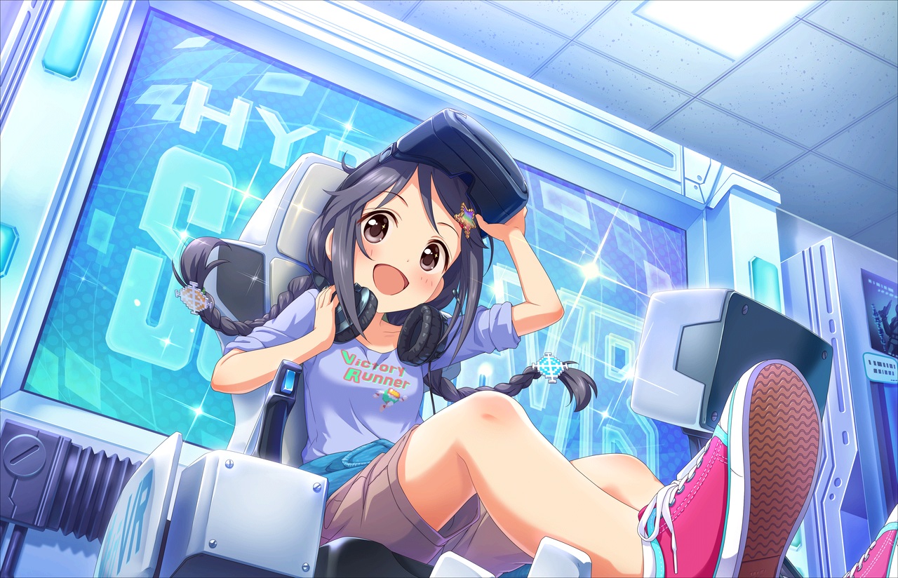 annin_doufu, black_hair, braids, brown_eyes, headphones, idolmaster, idolmaster_cinderella_girls, idolmaster_cinderella_girls_starlight_stage, long_hair, miyoshi_sana, twintails
