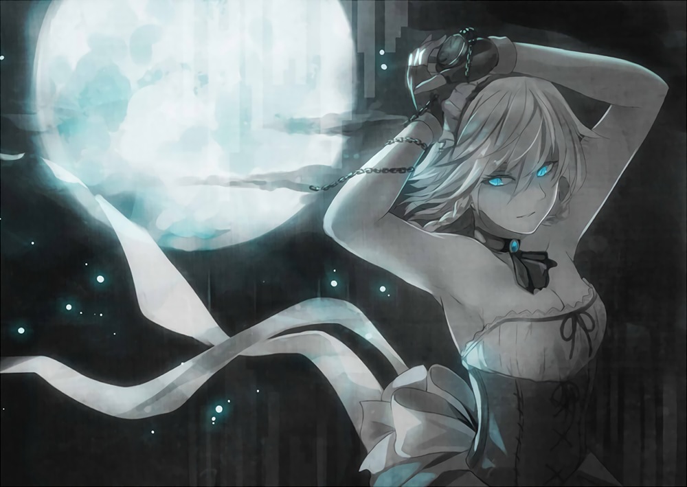 aqua_eyes, breasts, chain, choker, cleavage, corset, dark, gloves