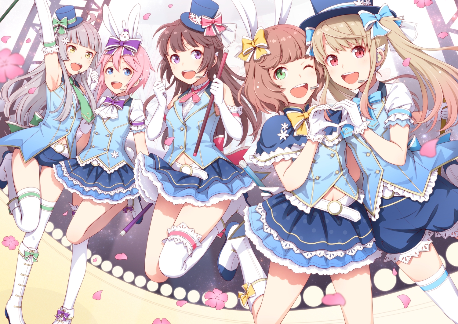 animal, animal_ears, blonde_hair, blue_eyes, boots, bow, brown_hair, bunny