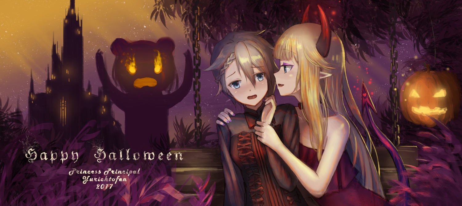 2girls, beatrice_(princess_principal), blonde_hair, blue_eyes, braids, building, green_eyes, halloween