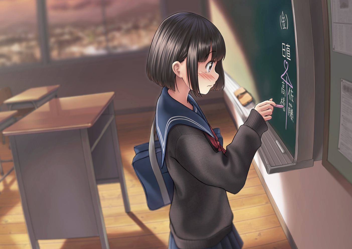black_hair, blush, brown_eyes, building, clouds, original, sarekoube, school_uniform