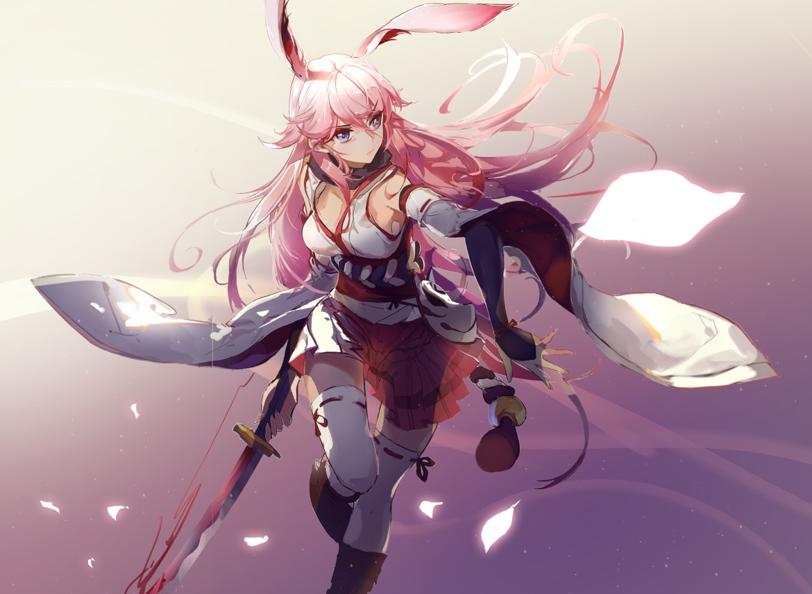 animal_ears, blood, blue_eyes, breasts, bunny_ears, bunnygirl, cleavage, gradient