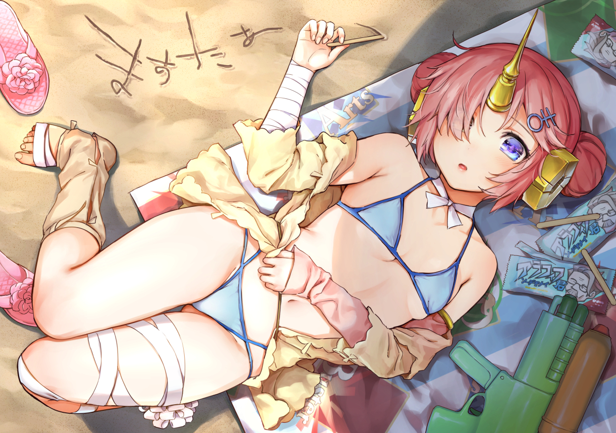 aqua_eyes, bandage, bikini, choker, fate/grand_order, fate_(series), frankenstein, horns