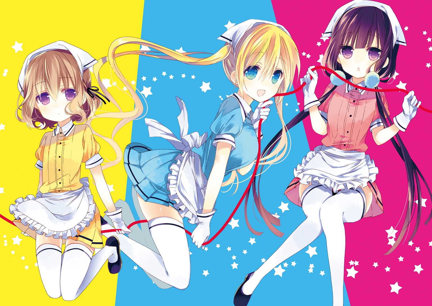 apron, blend_s, blonde_hair, brown_hair, gloves, hinata_kaho, hoshikawa_mafuyu, long_hair, purple_eyes, ribbons, sakuranomiya_maika, short_hair, tagme_(artist), thighhighs, twintails, waitress