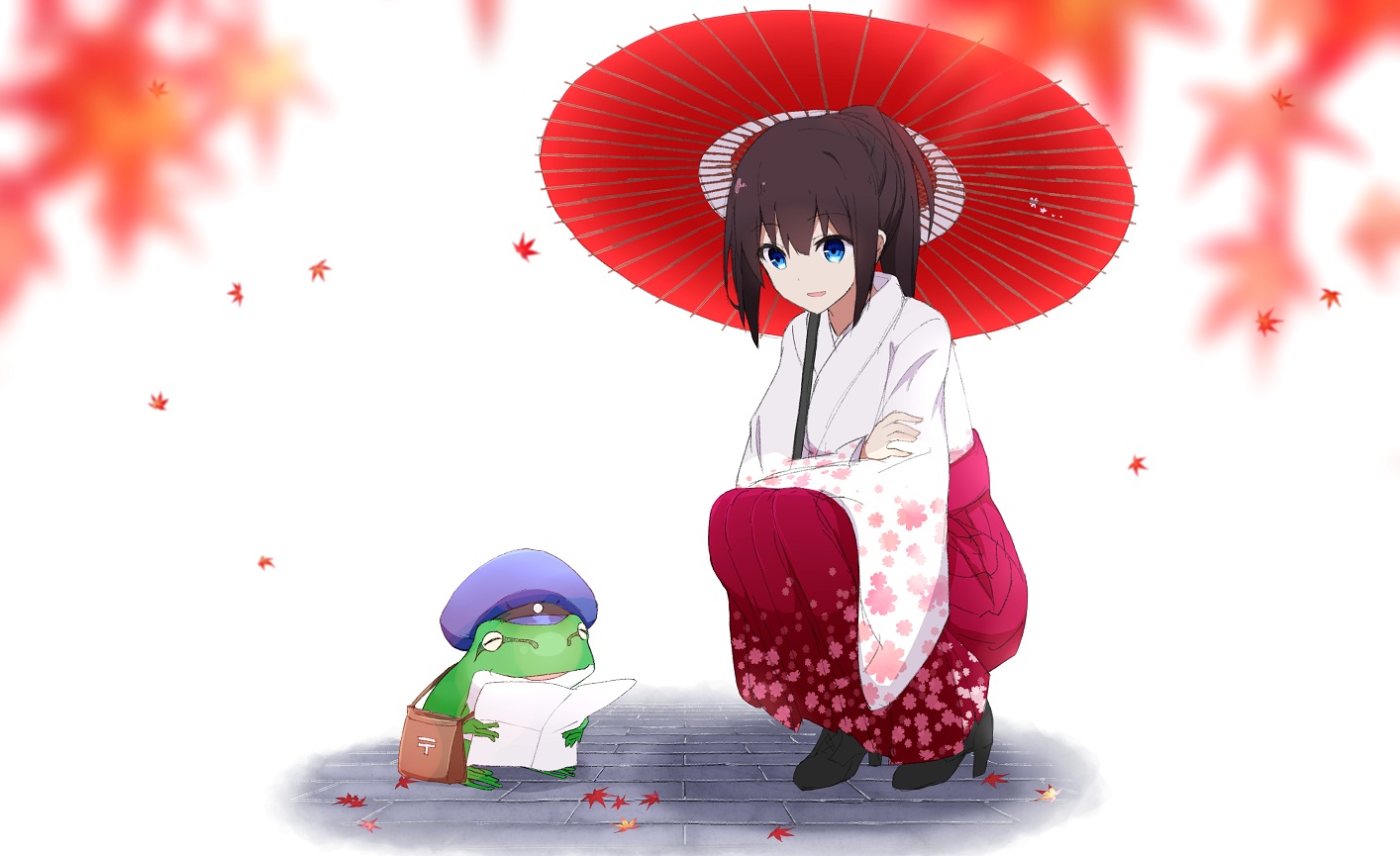 aa_(sin2324), aliasing, animal, autumn, blue_eyes, brown_hair, frog, hat