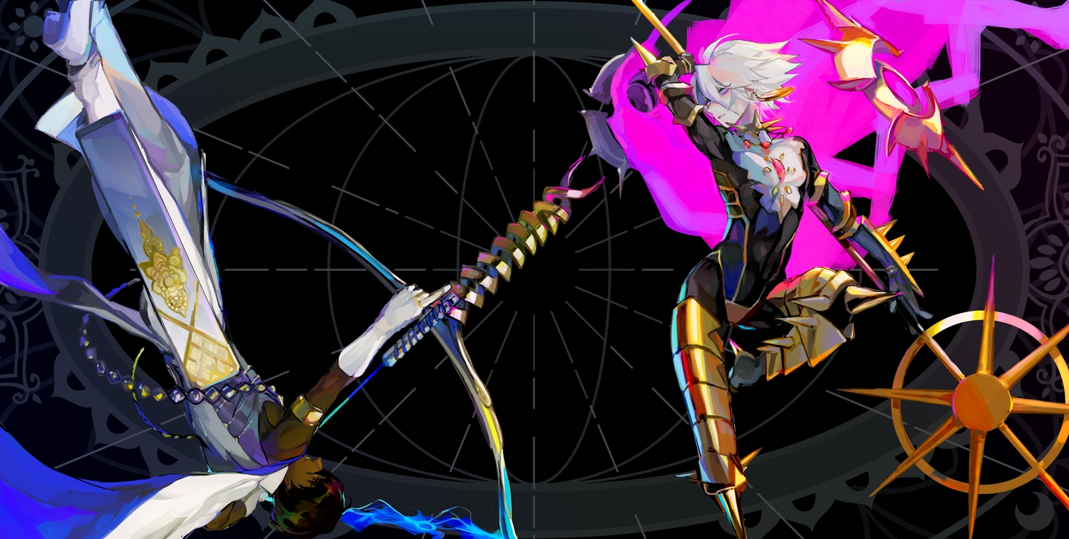 all_male, aqua_eyes, arjuna_(fate/grand_order), black_hair, bow_(weapon), dark_skin, elbow_gloves, fate/apocrypha, fate_(series), gloves, karna, kibadori_rue, male, short_hair, weapon, white_hair