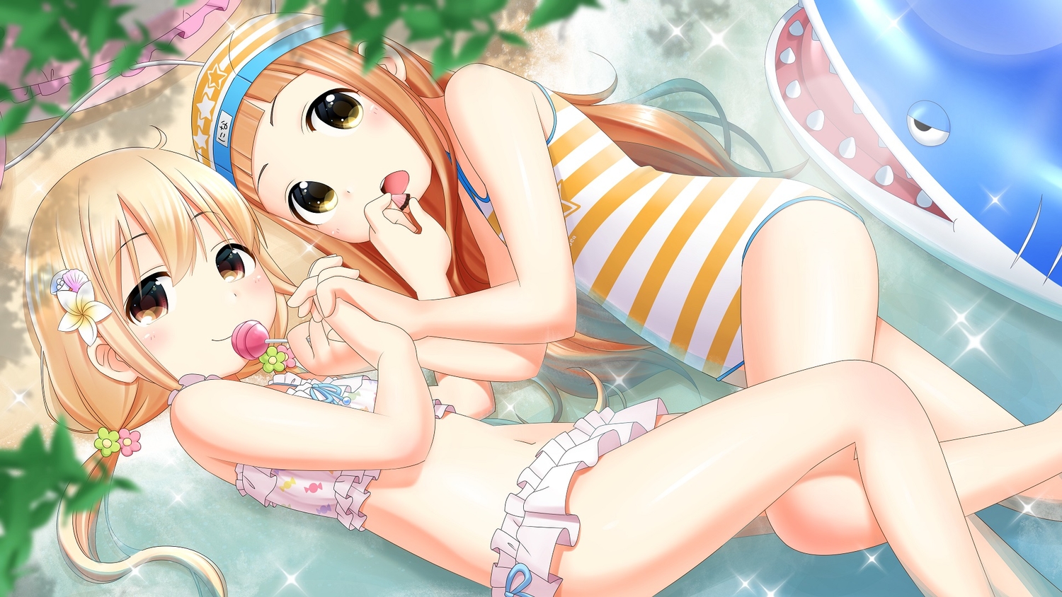 2girls, aliasing, bikini, blonde_hair, brown_eyes, brown_hair, candy, chocolate