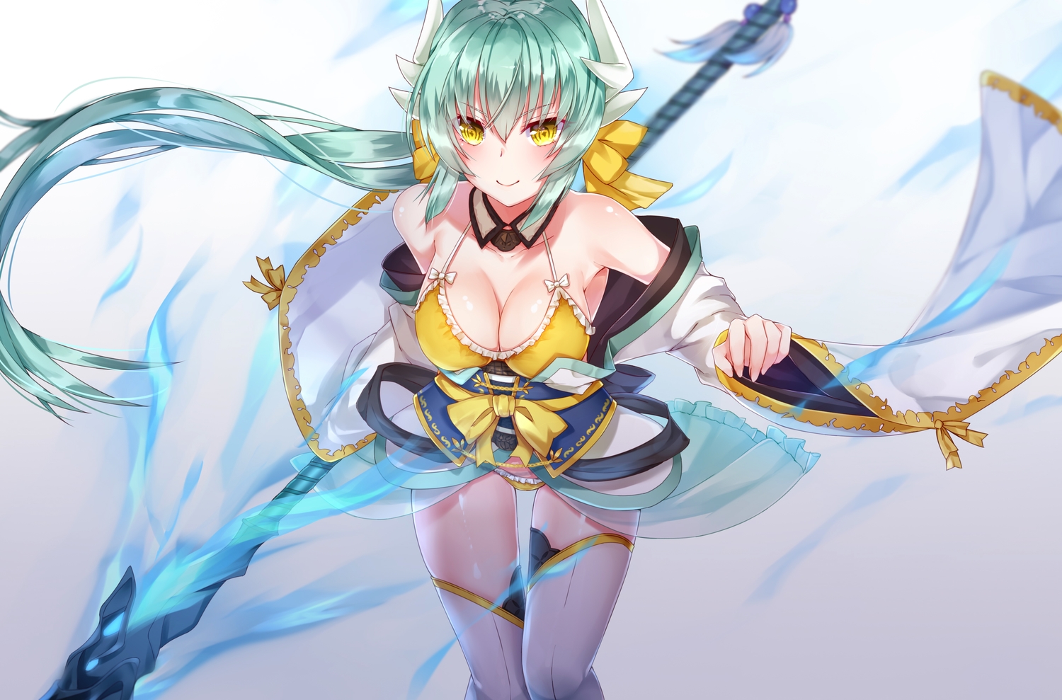 aqua_hair, bikini, bow, breasts, cleavage, fate/grand_order, fate_(series), kiyohime_(fate/grand_order), long_hair, sll, spear, swimsuit, thighhighs, weapon, yellow_eyes