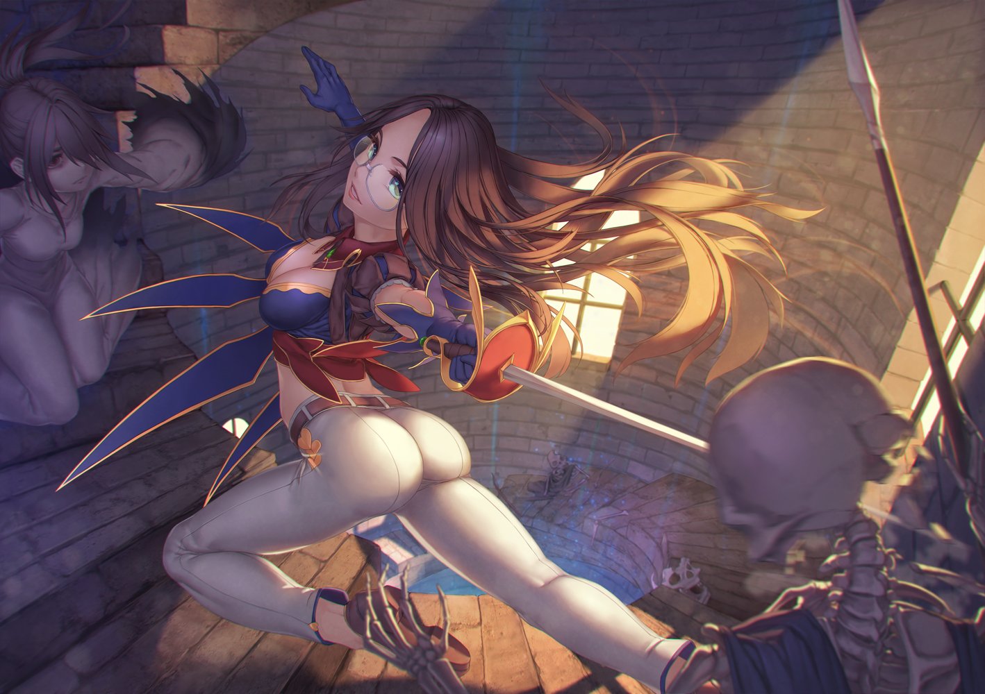2girls, aqua_eyes, ass, bones, breasts, brown_hair, cleavage, elbow_gloves