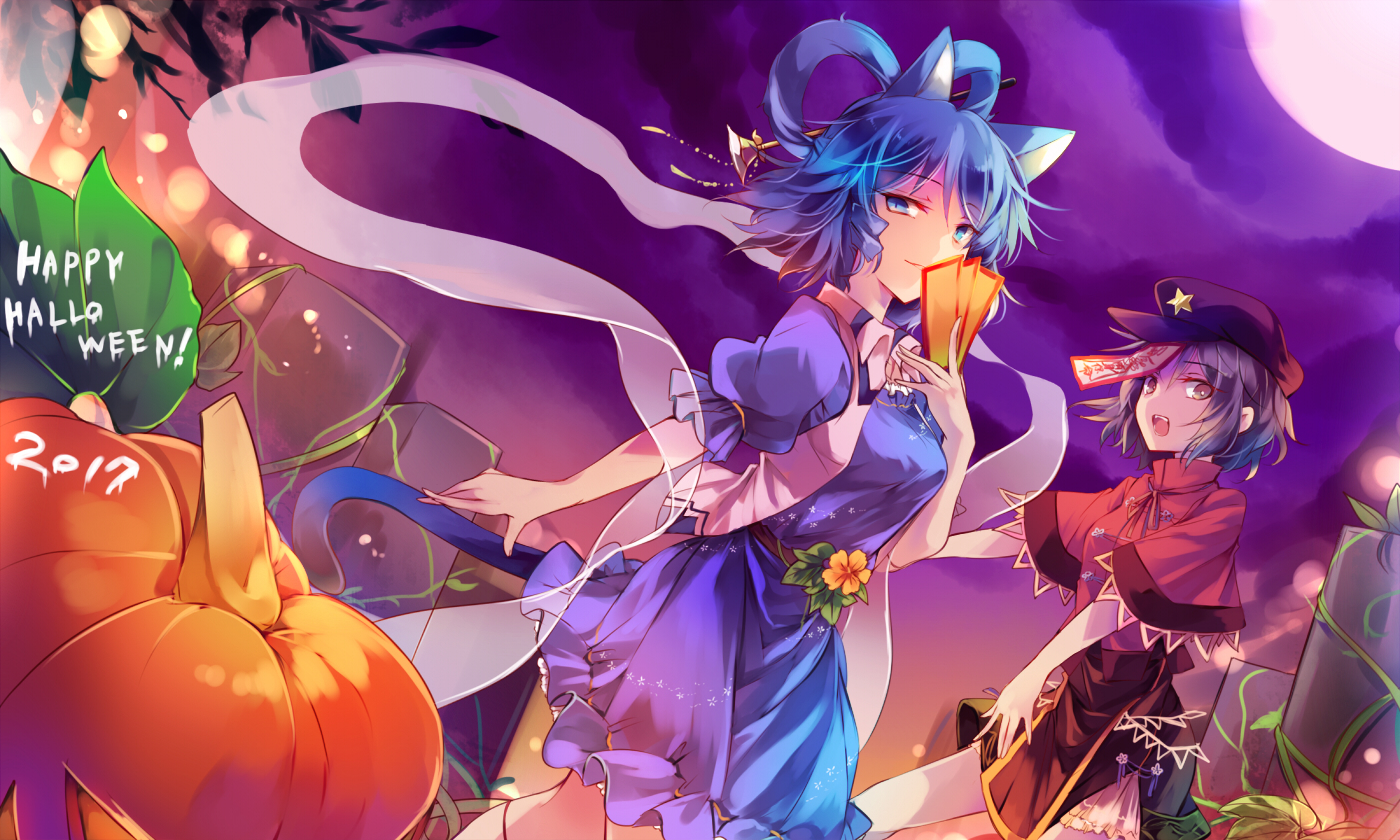 2girls, blue_eyes, blue_hair, halloween, hat, kaku_seiga, kutsuki_kai, miyako_yoshika, moon, ofuda, pumpkin, short_hair, touhou