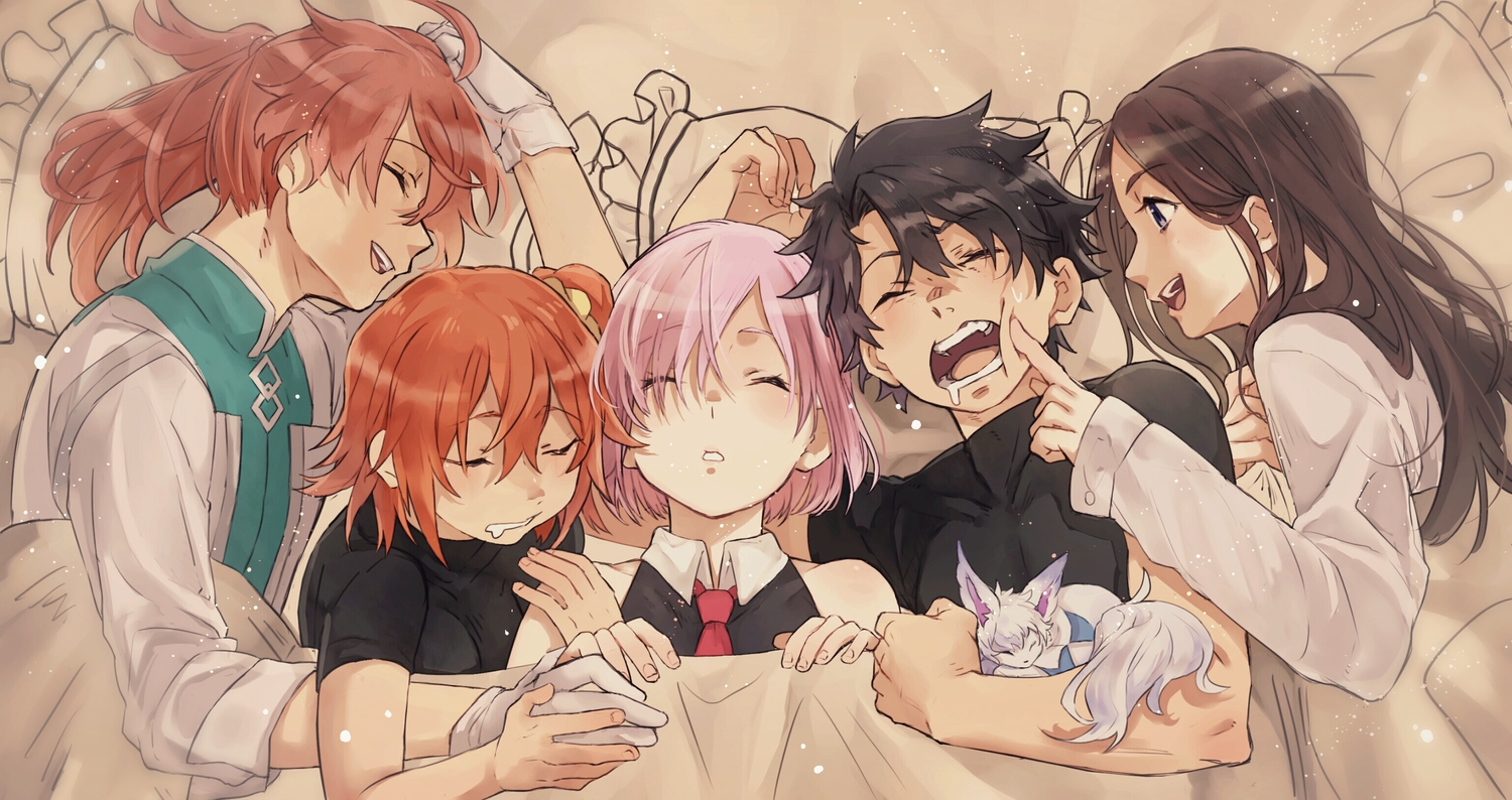 animal, bed, black_hair, brown_hair, bun_(lv1_bun), fate/grand_order, fate_(series), fou_(fate/grand_order)