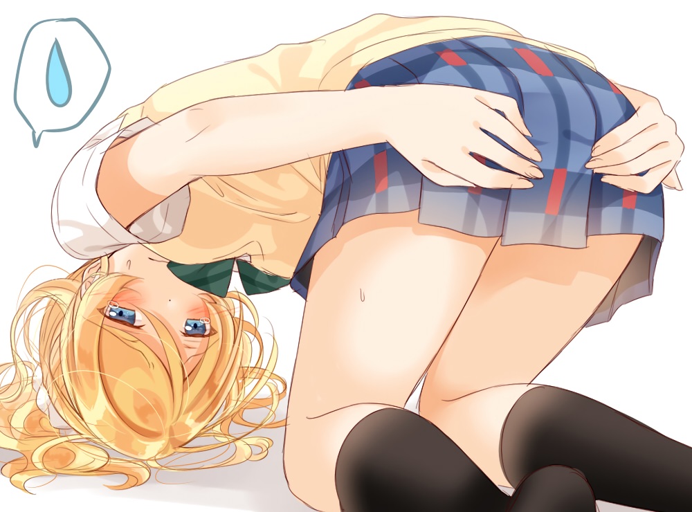 aqua_eyes, ayase_eri, blonde_hair, blush, kneehighs, love_live!_school_idol_project, mogu_(au1127), school_uniform, short_hair, skirt, tears