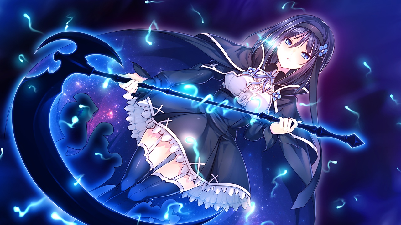 aiba_kazumi, alcot, alcot_honey_comb, black_hair, blue_eyes, cape, coffee_cat, game_cg, garter_belt, goth-loli, headband, kanojo_wa_tenshi_de_imouto_de, lolita_fashion, long_hair, magic, mutou_kurihito, scythe, skirt, thighhighs, weapon