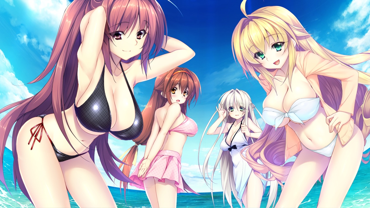 azarashi_soft, blonde_hair, breasts, brown_eyes, brown_hair, claudette_belfrau, cleavage, clouds, game_cg, green_eyes, group, himegami_alice, kamitsurugi_ouka, kidou_yuuri, sky, water, white_hair, yami_to_hikari_no_sanctuary, yurie_von_feldberg
