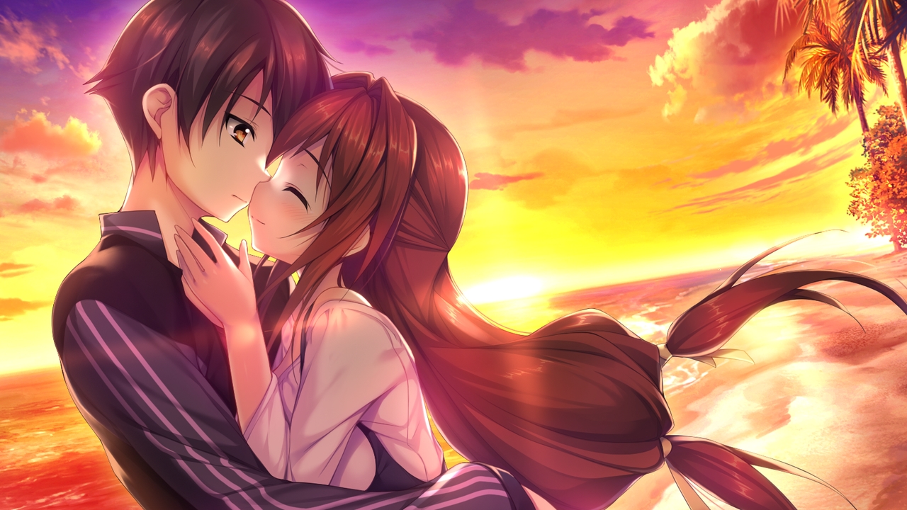 azarashi_soft, beach, blush, brown_hair, clouds, game_cg, hug, izumo_souji