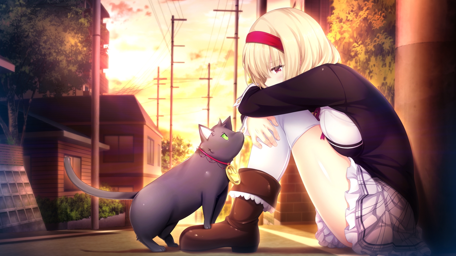 animal, blonde_hair, boots, breasts, building, cat, clouds, game_cg