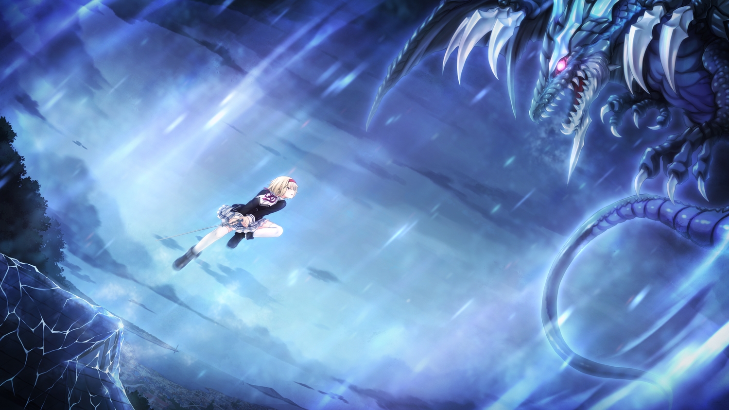 blonde_hair, clouds, dragon, game_cg, harukaze_soft, headband, lucia_of_end, nora_to_oujo_to_noraneko_heart