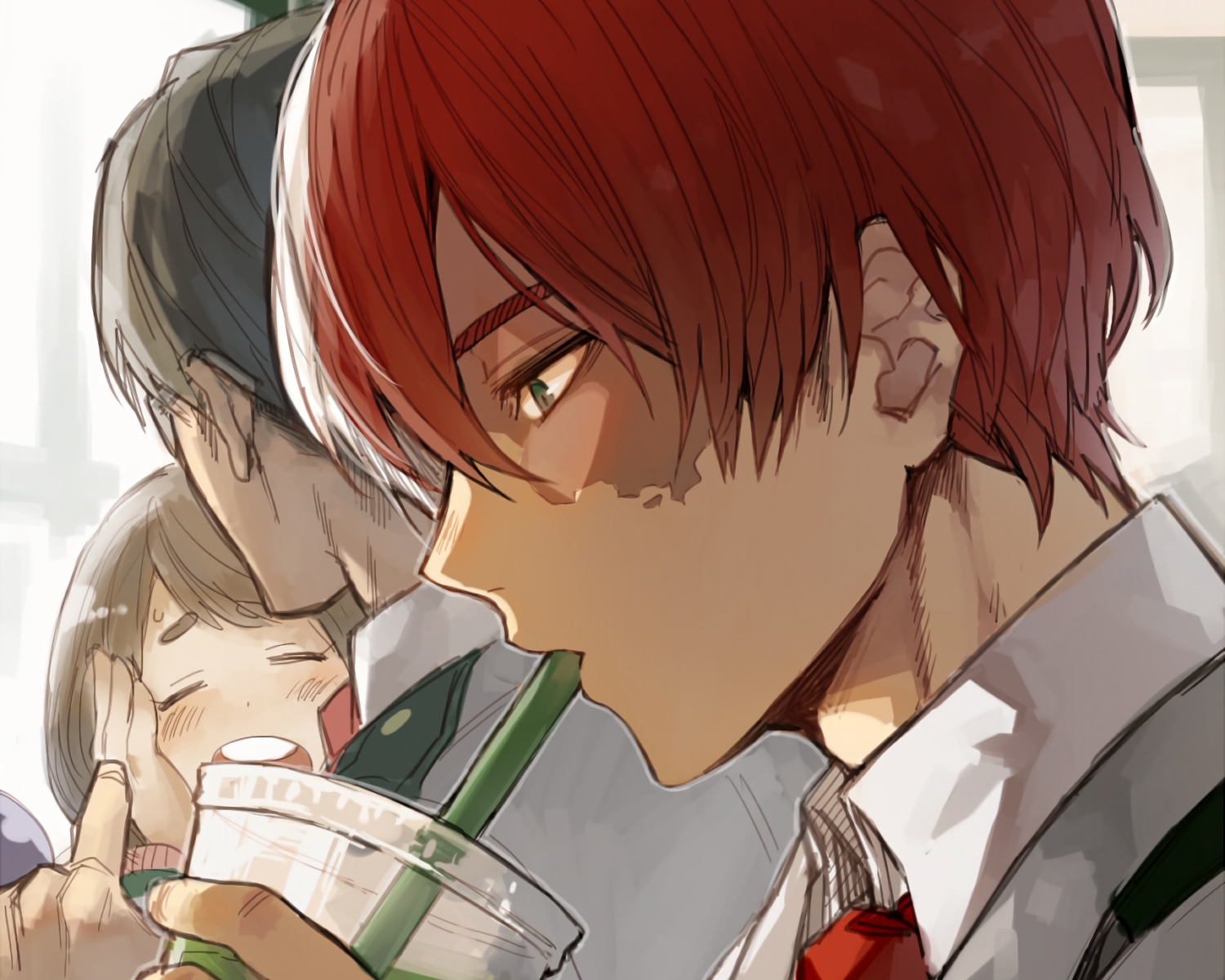 black_hair, boku_no_hero_academia, brown_hair, close, cropped, drink, green_eyes, iida_tenya