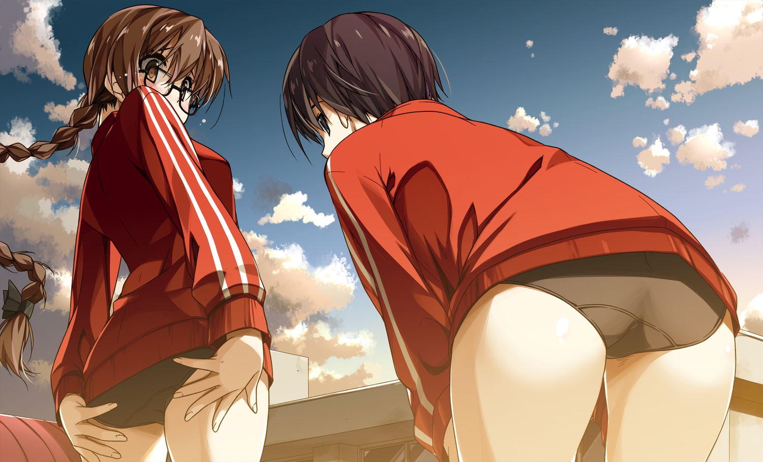 2girls, ass, black_eyes, bloomers, braids, brown_eyes, brown_hair, close