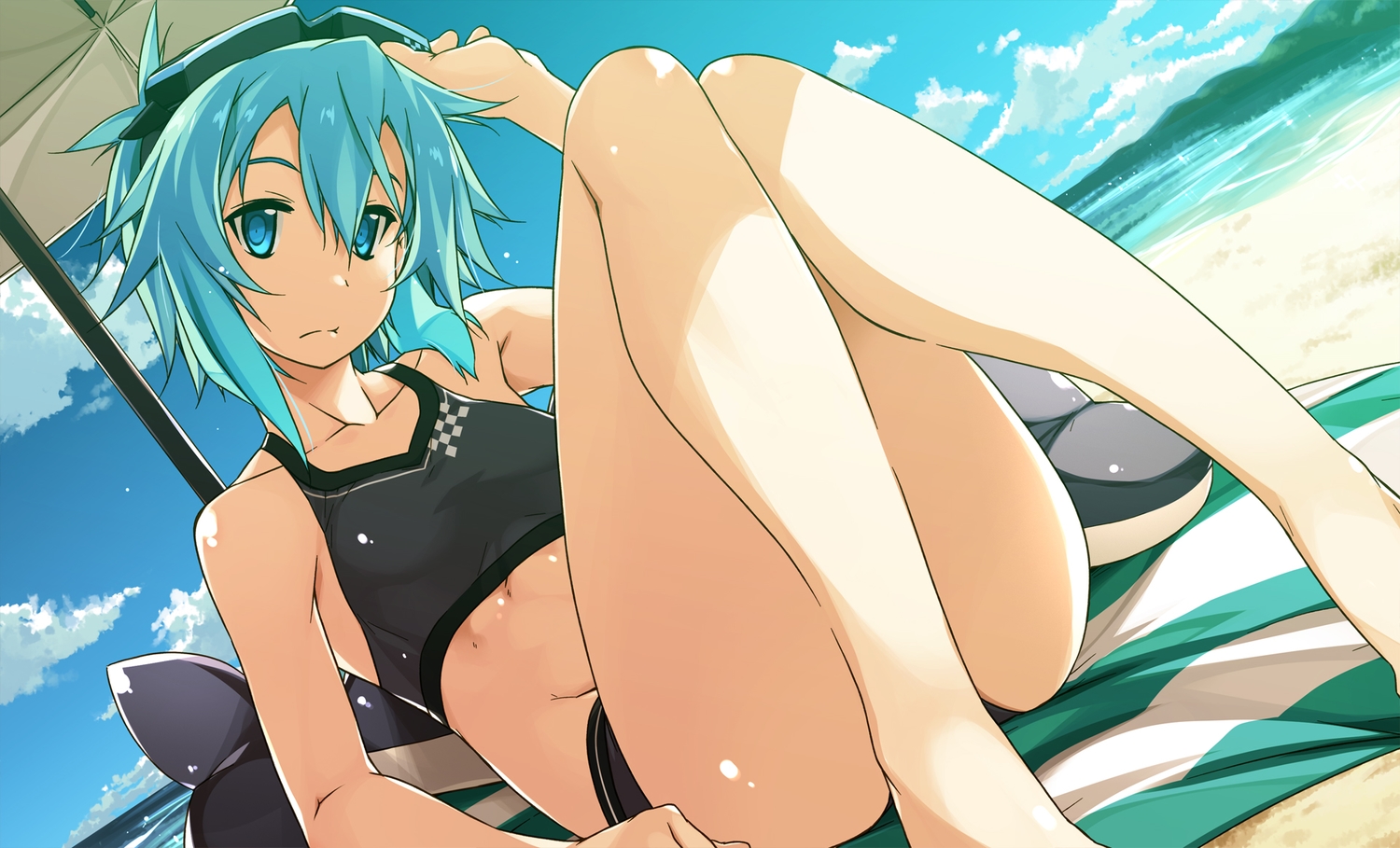 aqua_eyes, aqua_hair, beach, bikini, clouds, goggles, shikei, shinon_(sao)