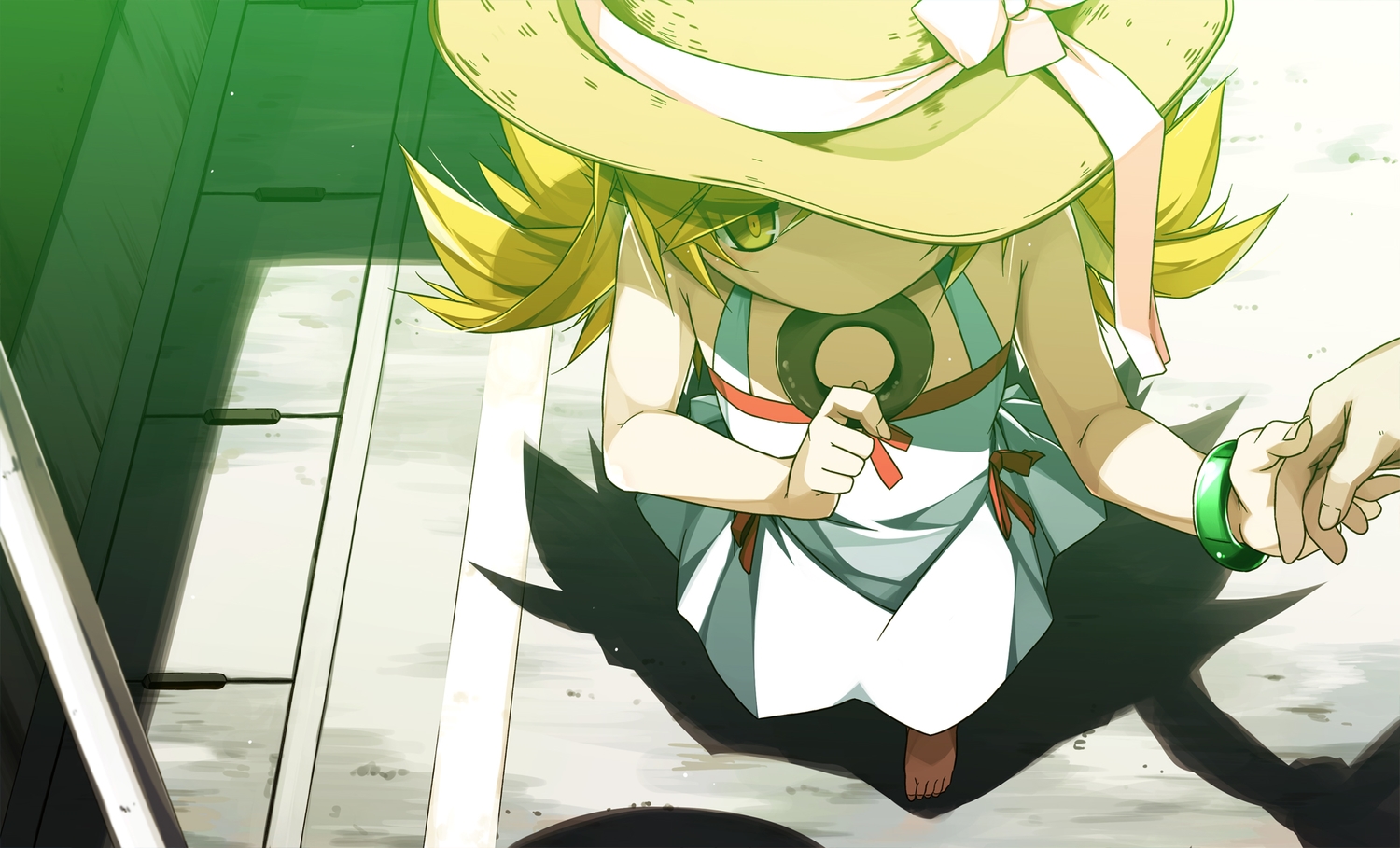 bakemonogatari, blonde_hair, close, dress, flat_chest, food, hat, loli