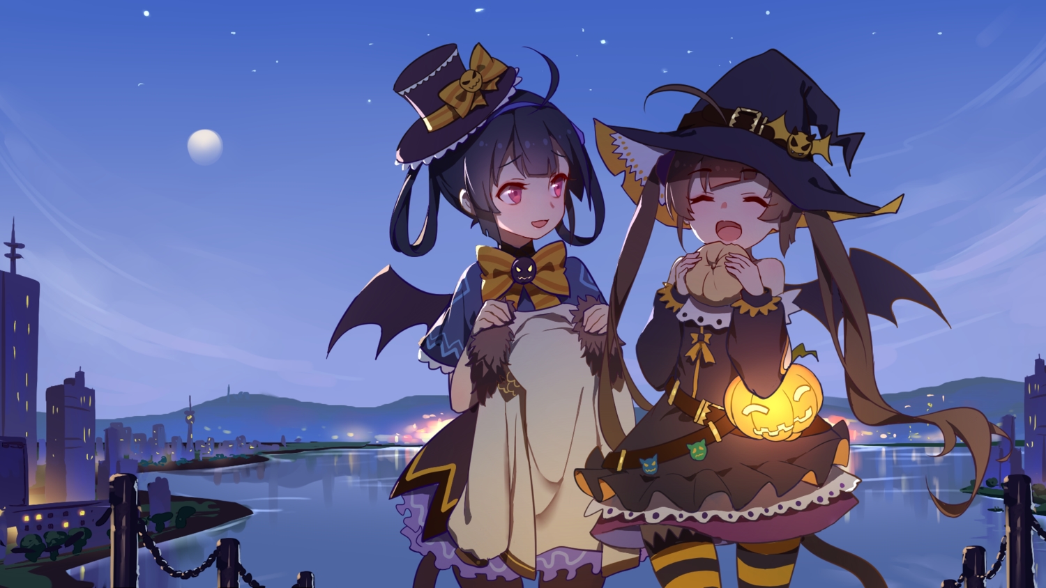 2girls, anthropomorphism, azur_lane, black_hair, bow, brown_hair, building, city