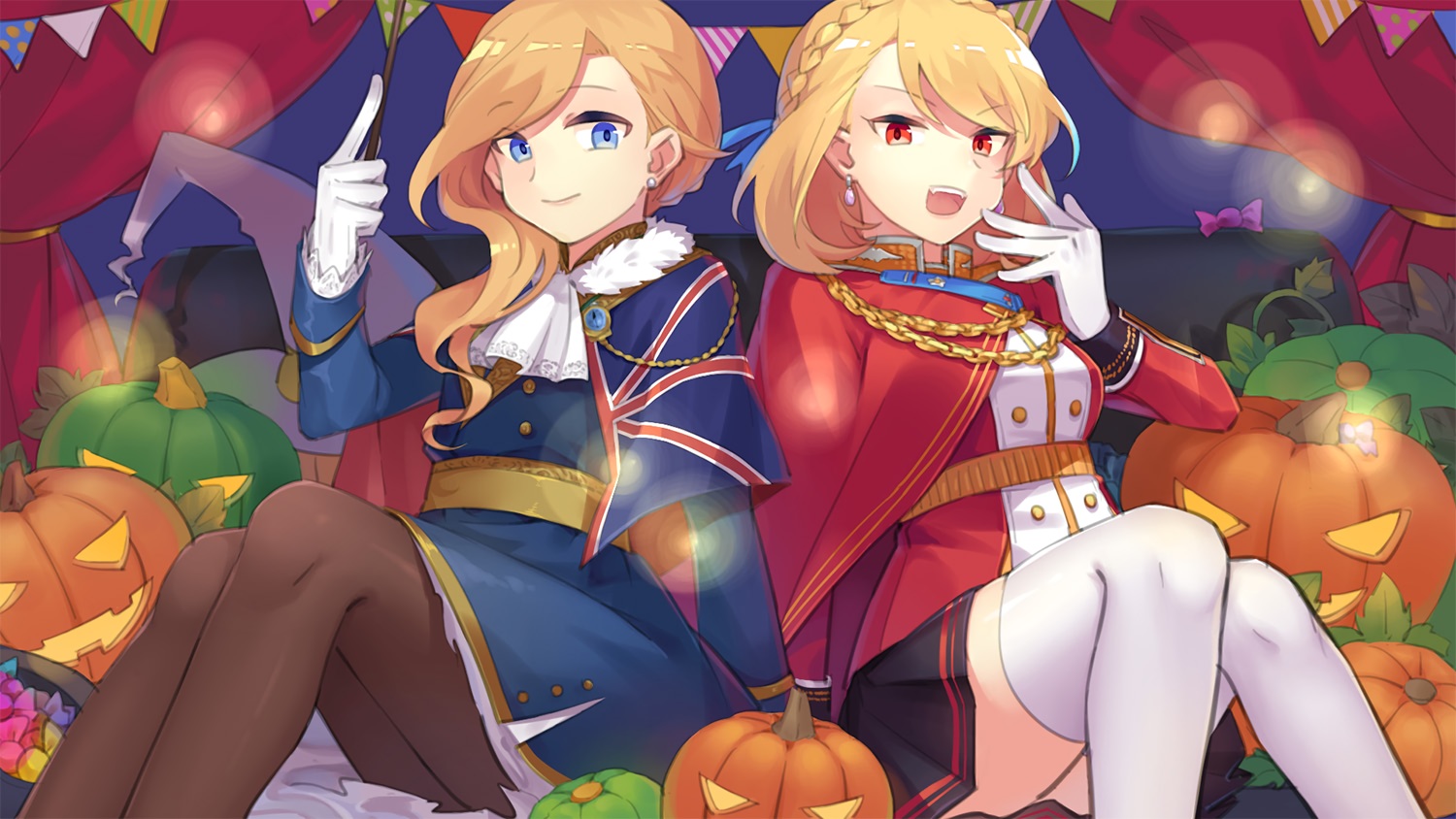 2girls, anthropomorphism, azur_lane, blonde_hair, blue_eyes, braids, cape, halloween, hood_(azur_lane), long_hair, mujun_atama, pantyhose, prince_of_wales_(azur_lane), pumpkin, red_eyes, short_hair, skirt, thighhighs