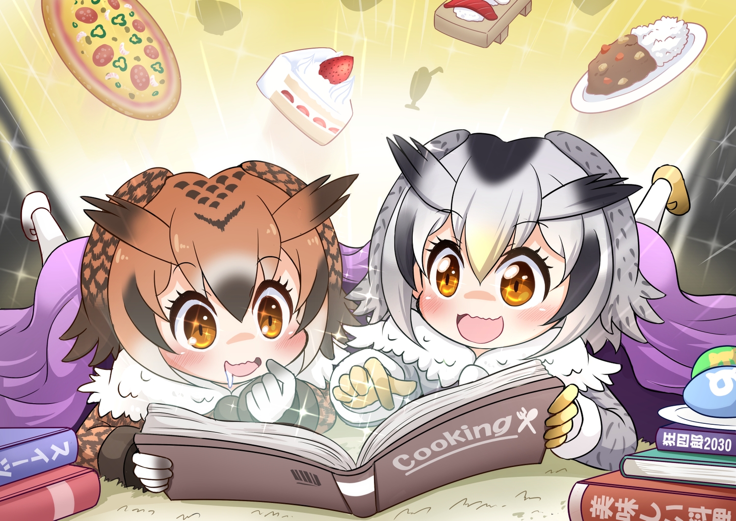 2girls, anthropomorphism, blush, brown_eyes, brown_hair, cake, eurasian_eagle-owl_(kemono_friends), food, fruit, gloves, kemono_friends, northern_white-faced_owl_(kemono_friends), pizza, sekiguchi_miiru, short_hair, strawberry
