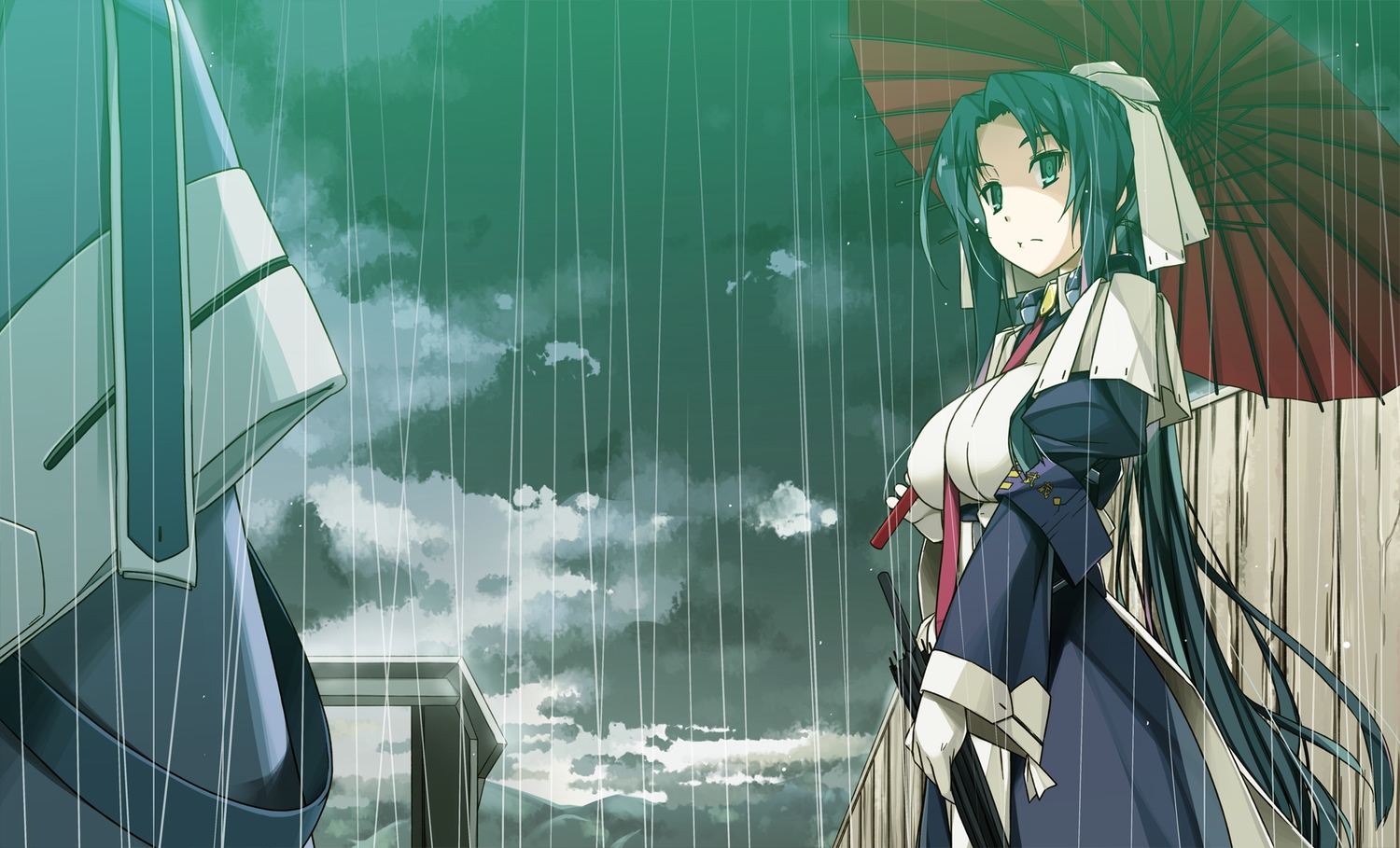 clouds, gloves, kyoukai_senjou_no_horizon, long_hair, musashi_(horizon), ponytail, rain, shikei, sky, umbrella, water