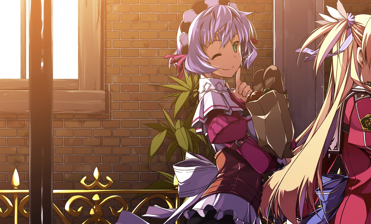 2girls, alisa_reinford, blonde_hair, eiyuu_densetsu, food, green_eyes, headdress, long_hair, purple_hair, ribbons, sen_no_kiseki, sharon_kruger, shikei, short_hair, wink