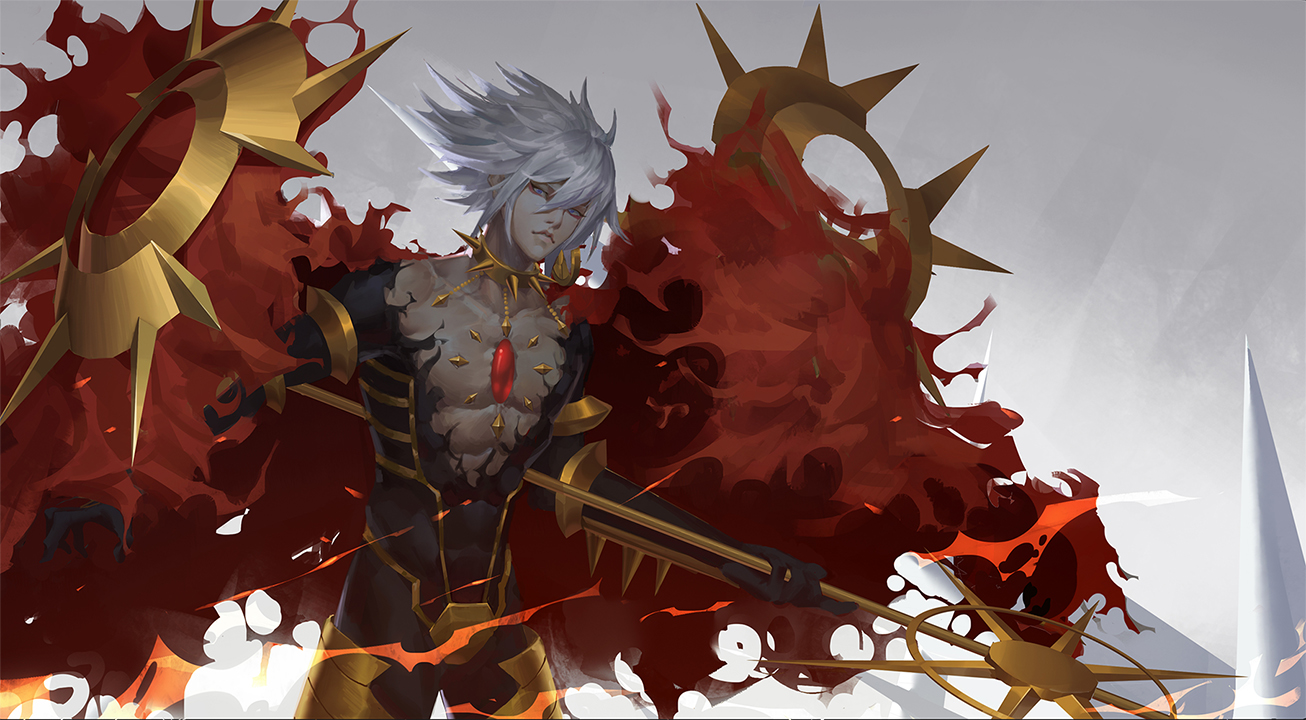 all_male, blue_eyes, fate/apocrypha, fate_(series), gradient, gray_hair, karna, male