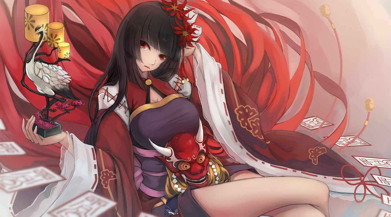animal, bird, black_hair, flowers, higanbana_(onmyouji), kikivi, long_hair, mask