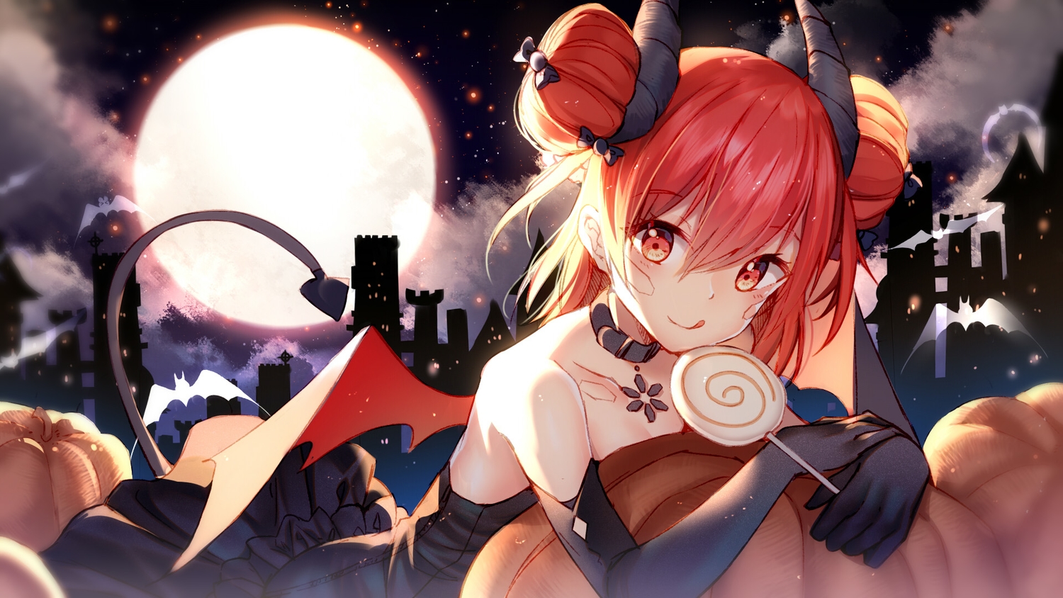 animal, bat, bison_cangshu, building, candy, clouds, dress, elbow_gloves, food, gloves, halloween, horns, idollers, long_hair, moon, nataku, night, red_eyes, red_hair, sky, stars, wings