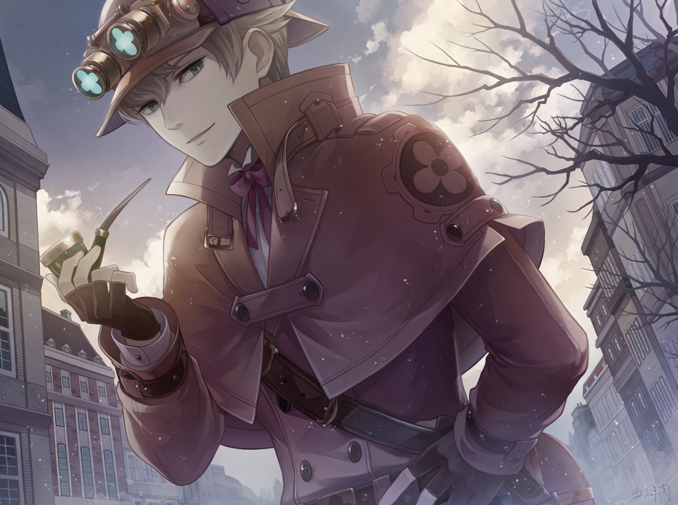 all_male, blonde_hair, building, cape, city, clouds, dai_gyakuten_saiban, gloves, goggles, green_eyes, gyakuten_saiban, hat, male, sherlock_holmes_(dai_gyakuten_saiban), short_hair, sky, tagme_(artist), tree, waifu2x