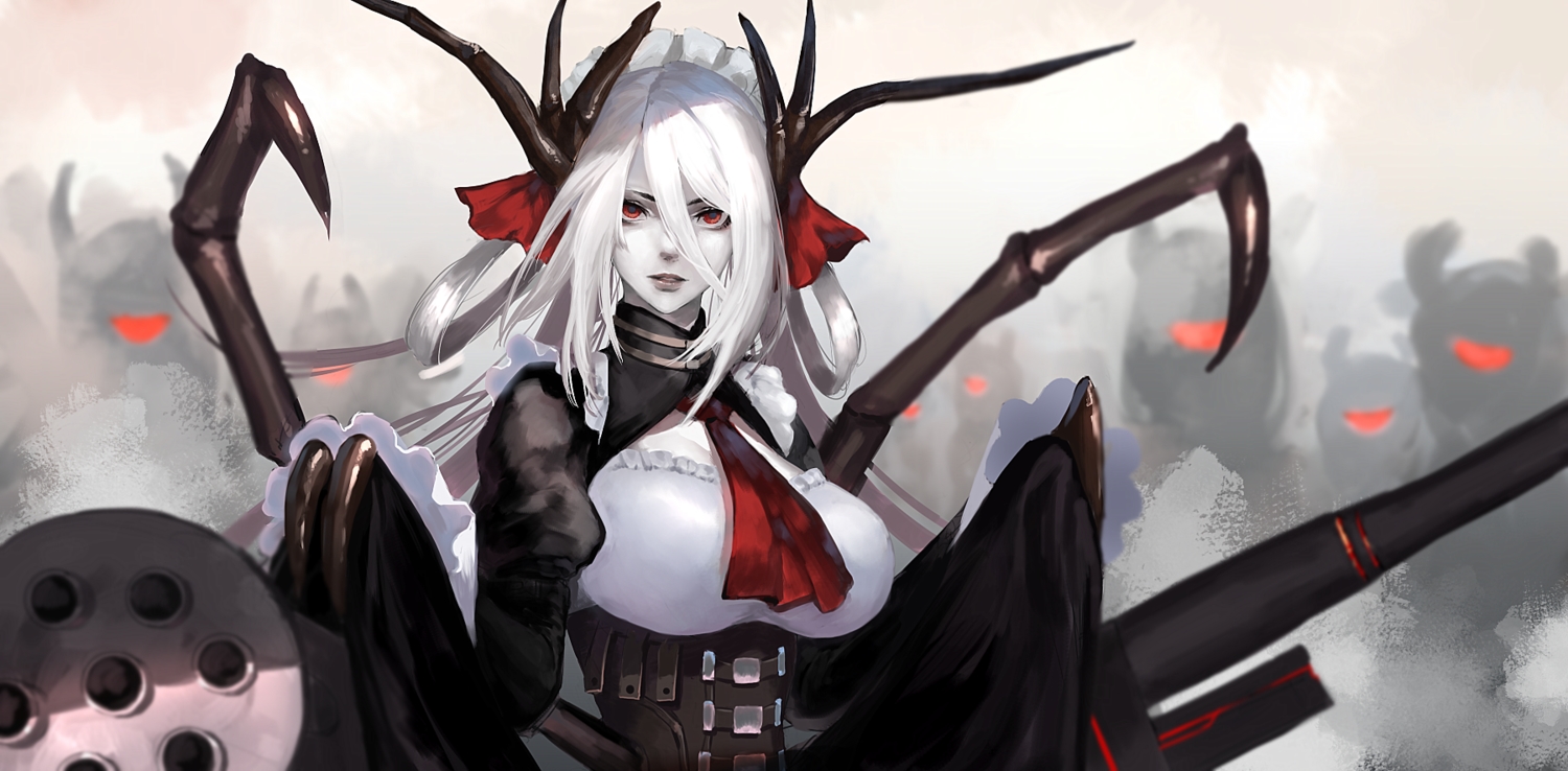 breasts, corset, dress, gun, horns, kinketsu, long_hair, red_eyes, tagme_(character), weapon, white_hair
