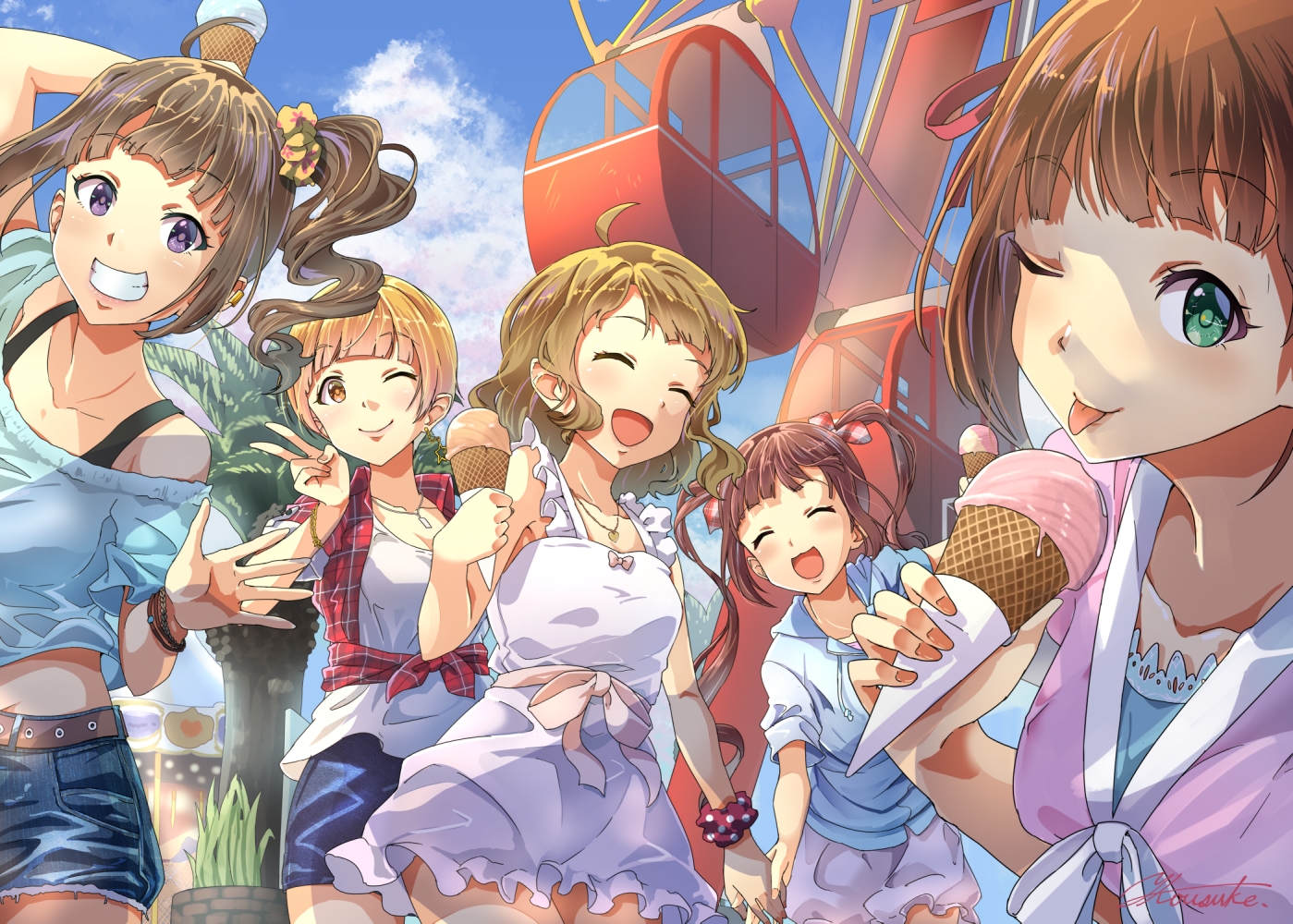 amami_haruka, blonde_hair, bow, brown_hair, clouds, dress, food, fukuda_noriko