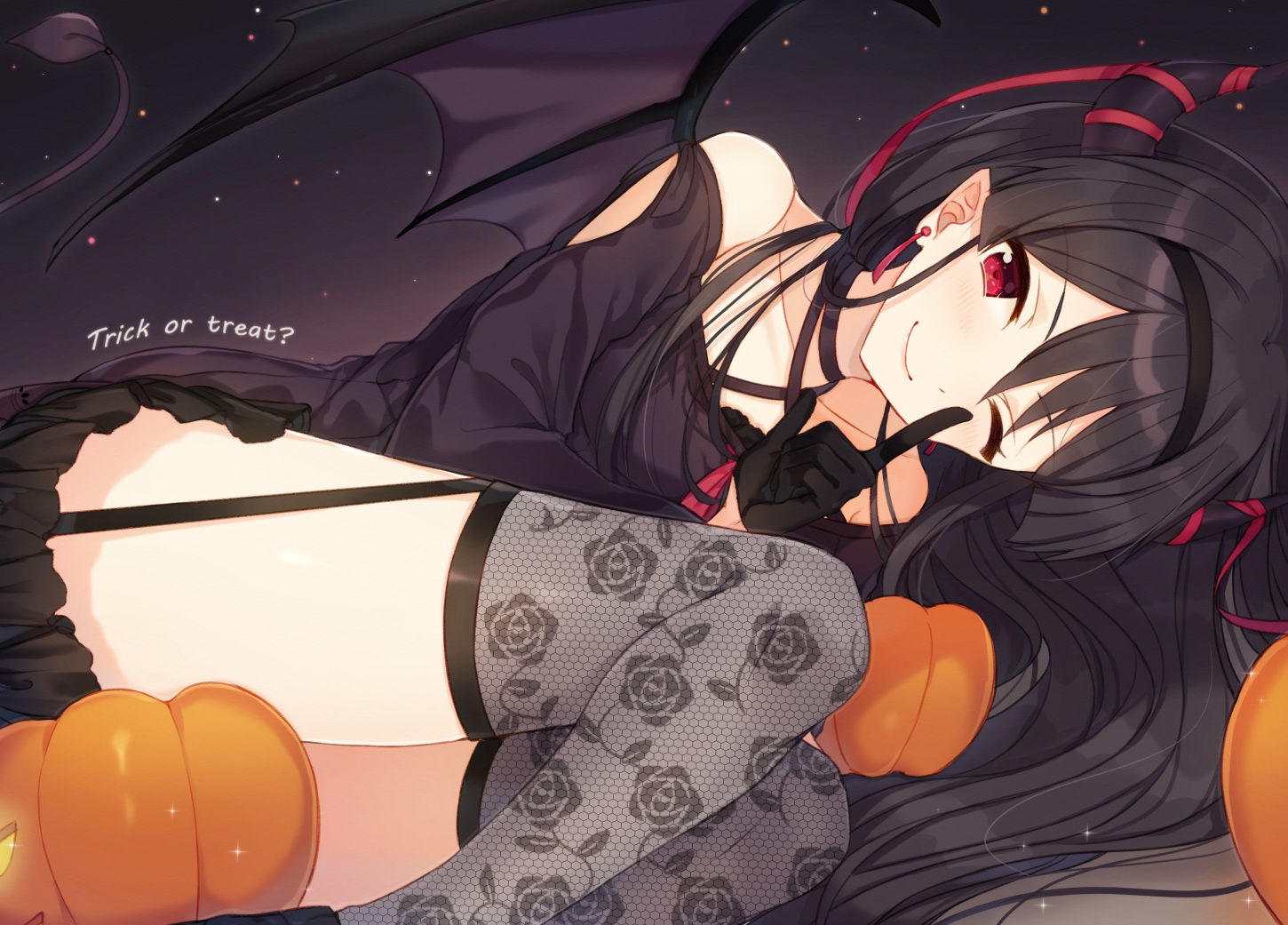 black_hair, demon, garter_belt, halloween, hiiragi_souren, horns, long_hair, original