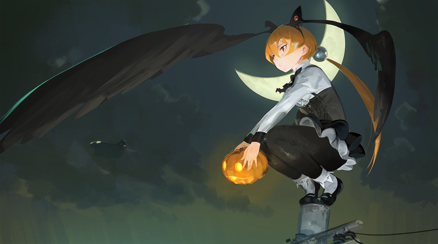 alisa_southerncross, brown_hair, halloween, keroro_gunsou, long_hair, moon, orange_eyes, pantyhose