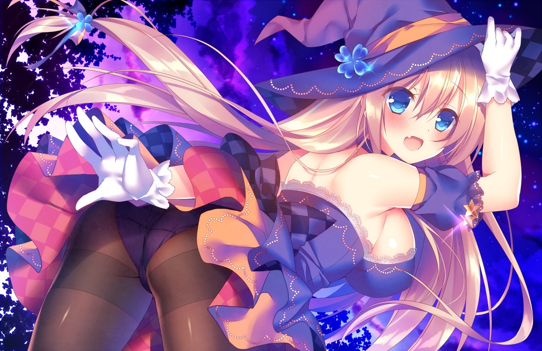 aliasing, aqua_eyes, ass, blonde_hair, blush, breasts, fang, gloves