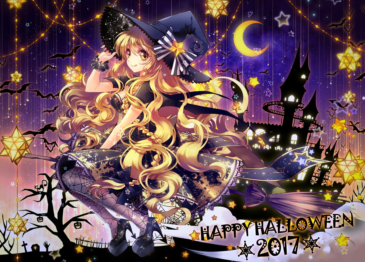 animal, bat, blonde_hair, bow, braids, halloween, hat, kirisame_marisa, lilithbloody, long_hair, moon, pantyhose, silhouette, touhou, witch, witch_hat, wristwear, yellow_eyes