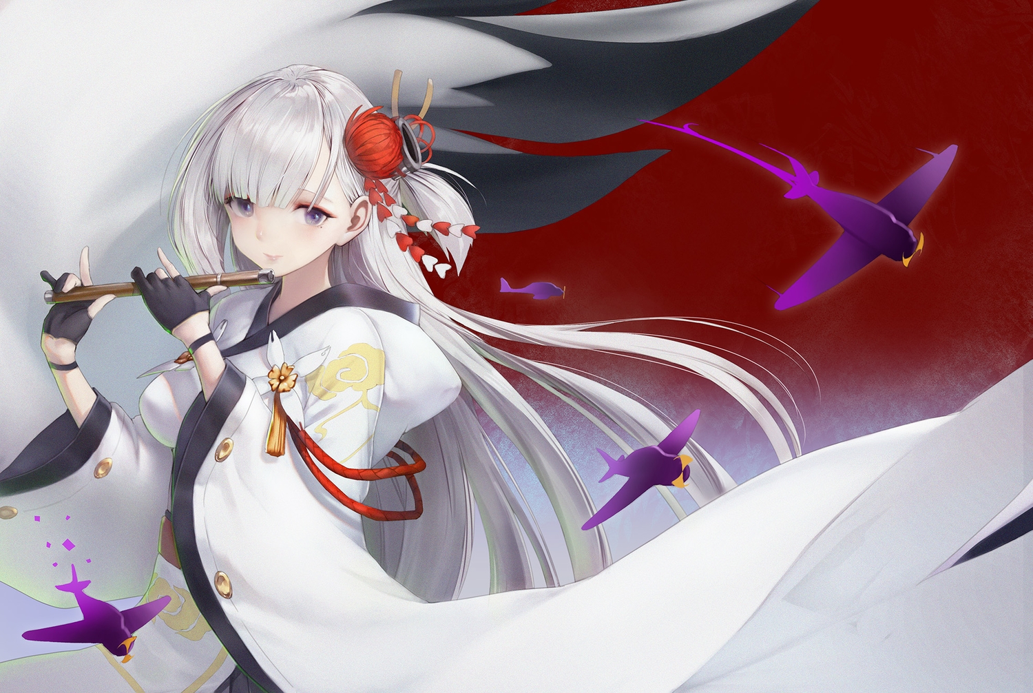 aircraft, anthropomorphism, azur_lane, flute, gloves, haori_iori, hood, instrument