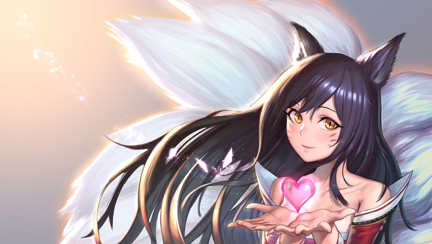 ahri_(league_of_legends), animal_ears, black_hair, foxgirl, heart, league_of_legends, long_hair, moonandmist, multiple_tails, tail, yellow_eyes